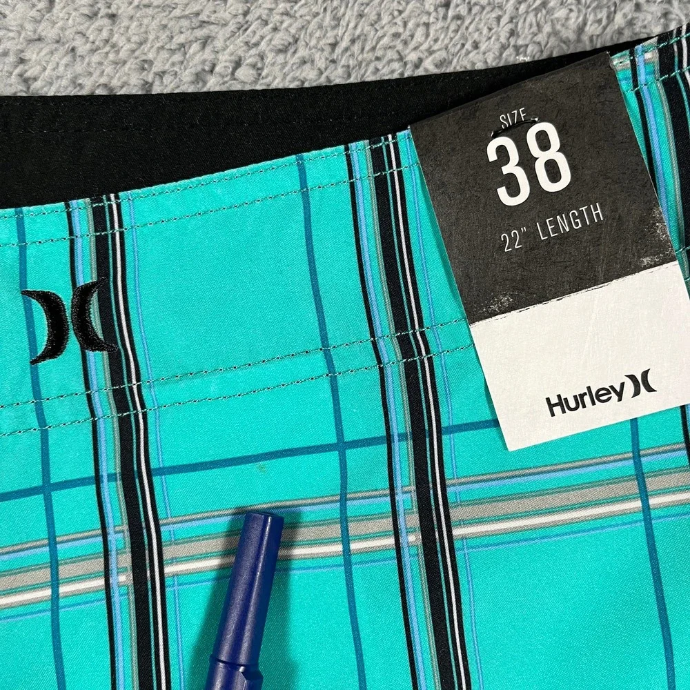Hurley Board Shorts Mens 38 Teal Plaid 22 in Swim Trunks Drawstring
